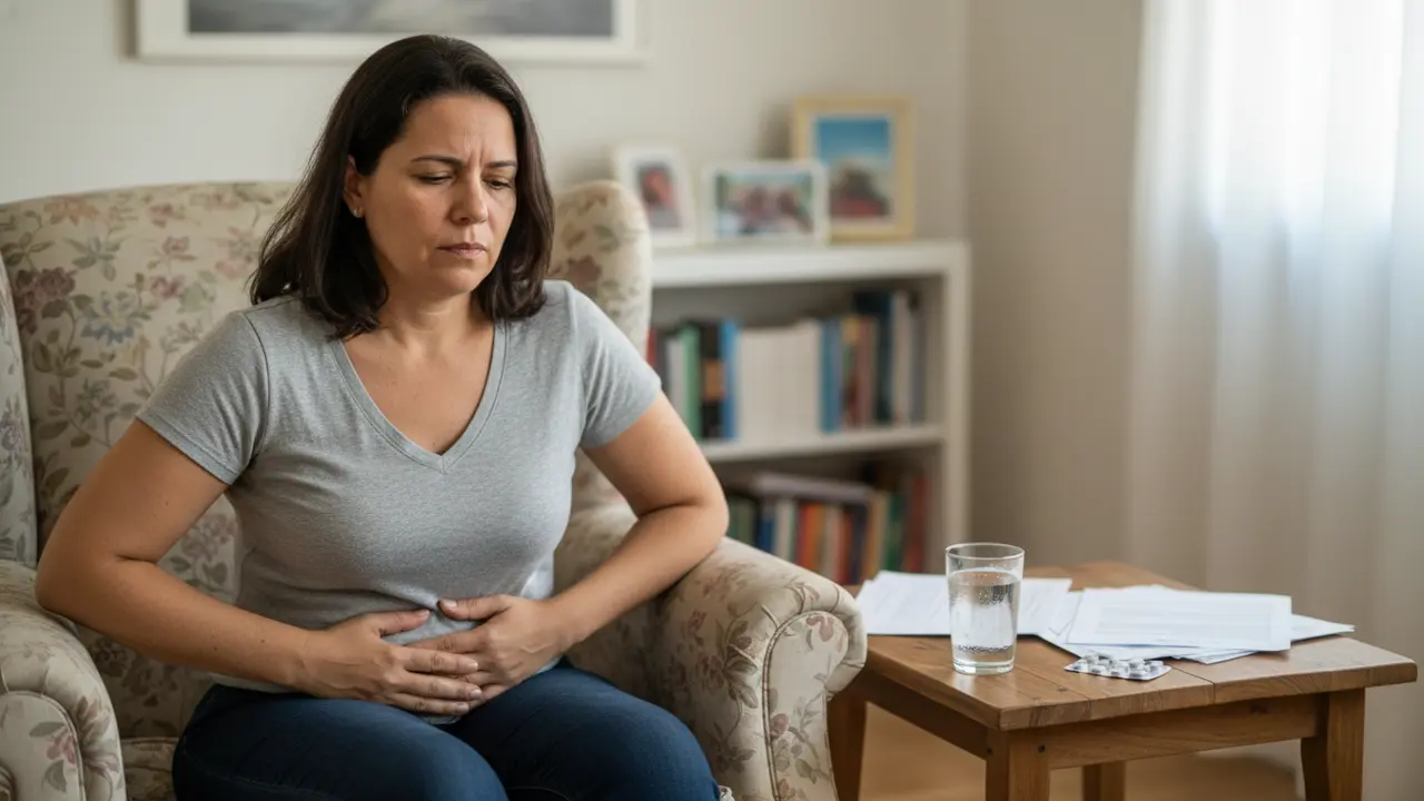 Mulher com Doença de Crohn sentada em casa, com expressão de fadiga e desconforto abdominal.