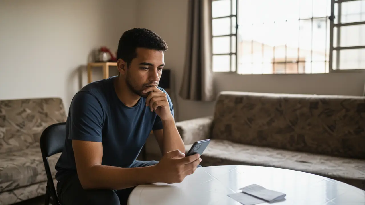 Jovem entregador pardo em casa, com celular, pensando sobre justiça gratuita trabalhista.