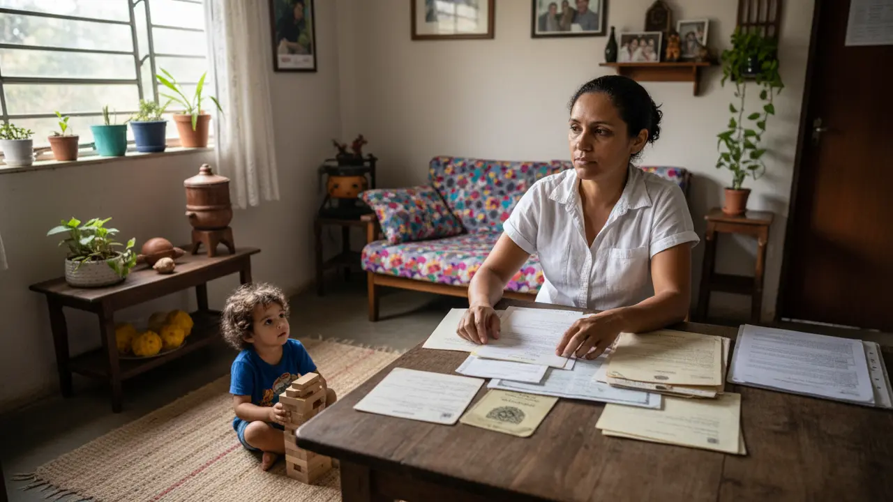 Mulher parda com filho em casa, organizando documentos para comprovar dependência do INSS.