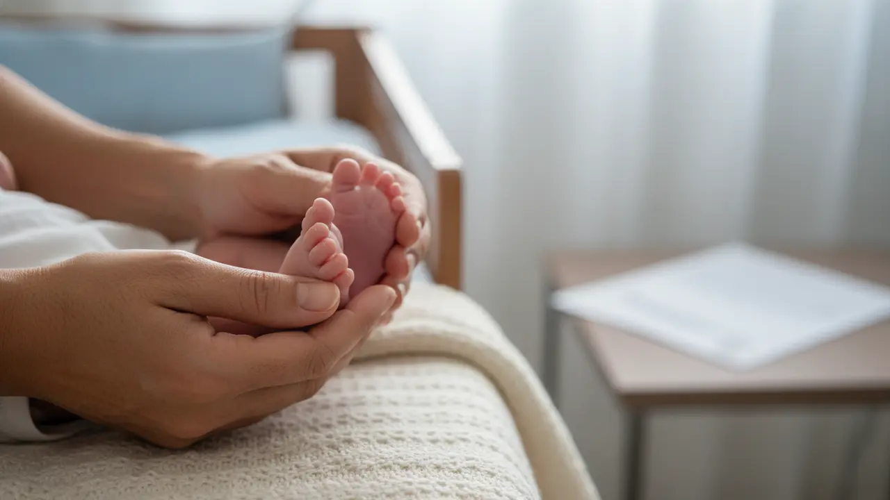 Mãos de mãe parda segurando os pés de um bebê, simbolizando o salário maternidade.