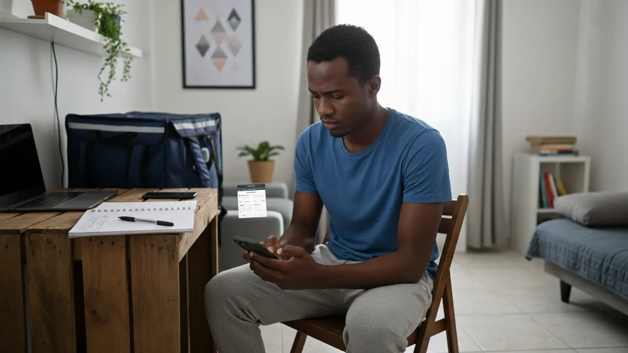 Jovem negro em casa, organizando finanças no celular, representando o trabalhador intermitente.