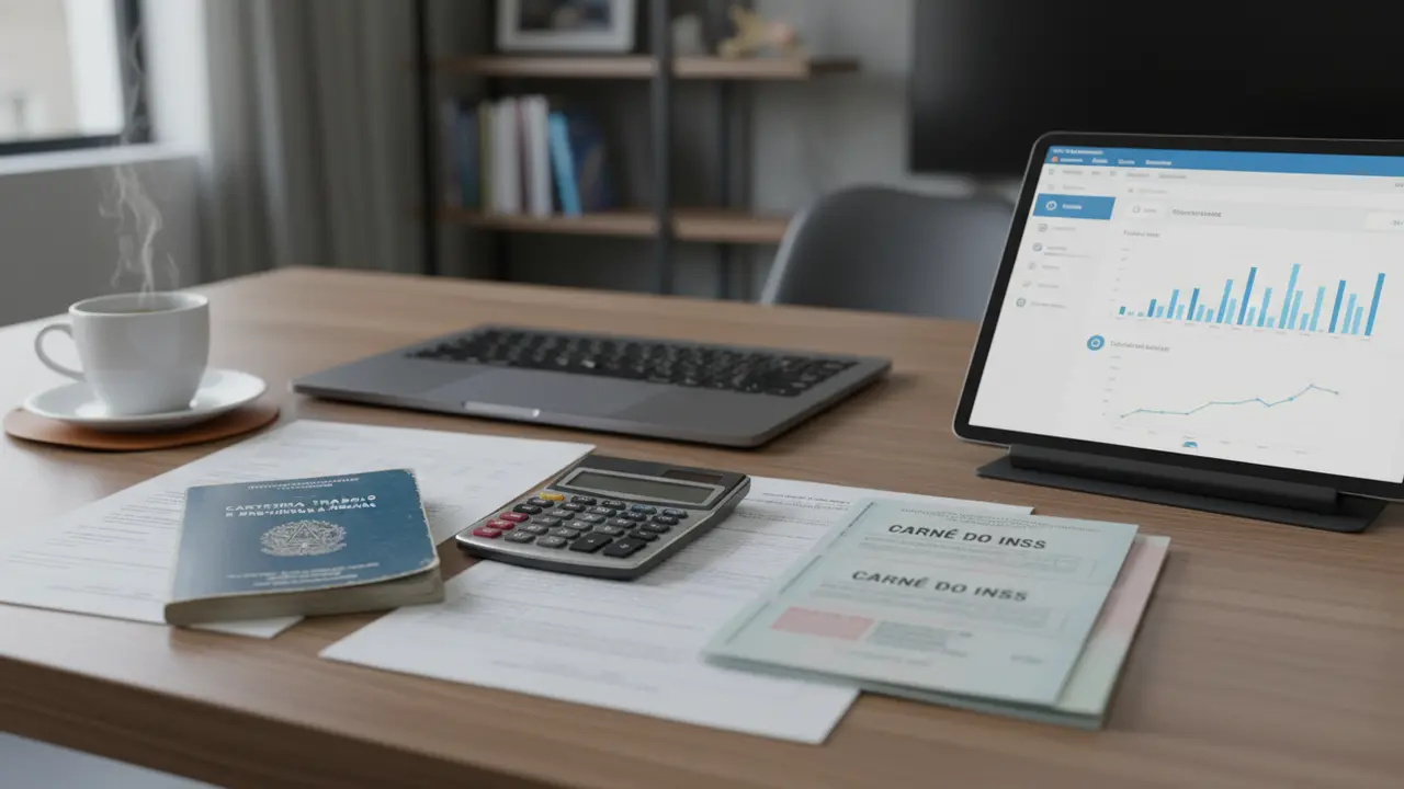 Mesa de escritório com documentos, calculadora e tablet, representando o planejamento da aposentadoria e suas novas regras.