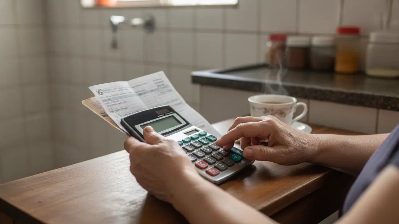 Mãos de mulher idosa calculando pontos para aposentadoria com documentos e calculadora.