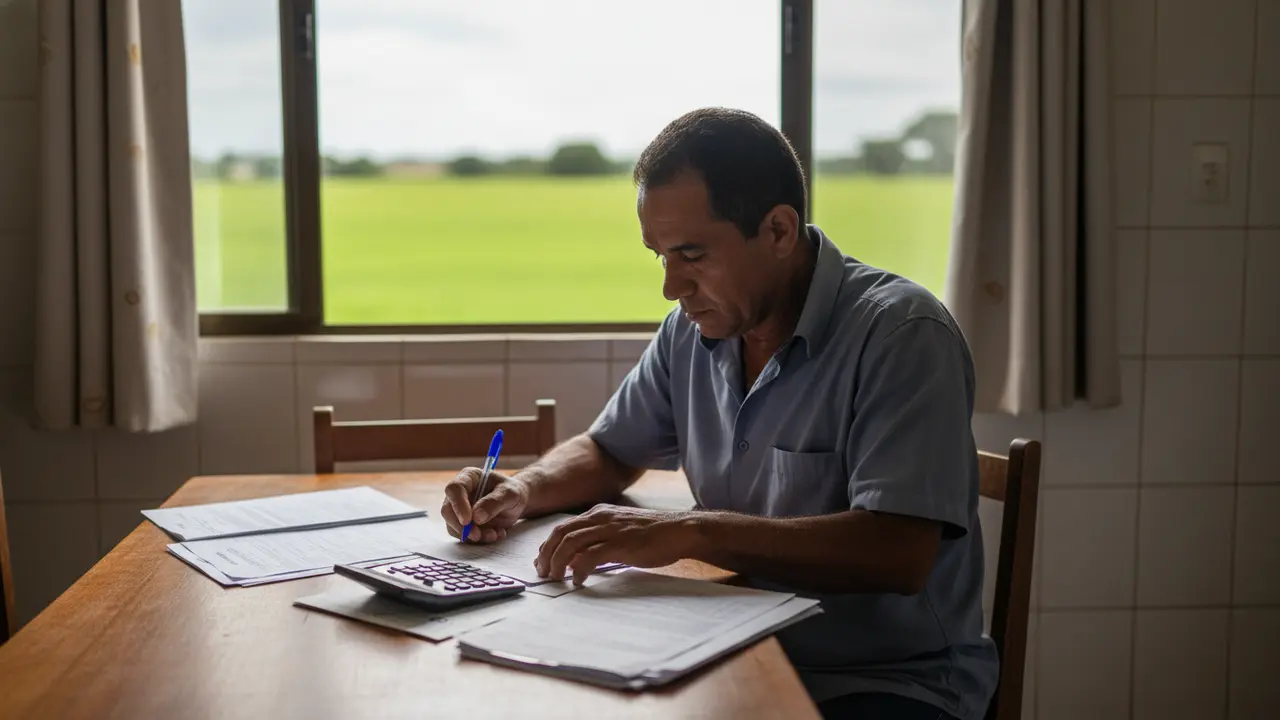 Produtor rural pardo organizando documentos e calculando contribuição previdenciária.