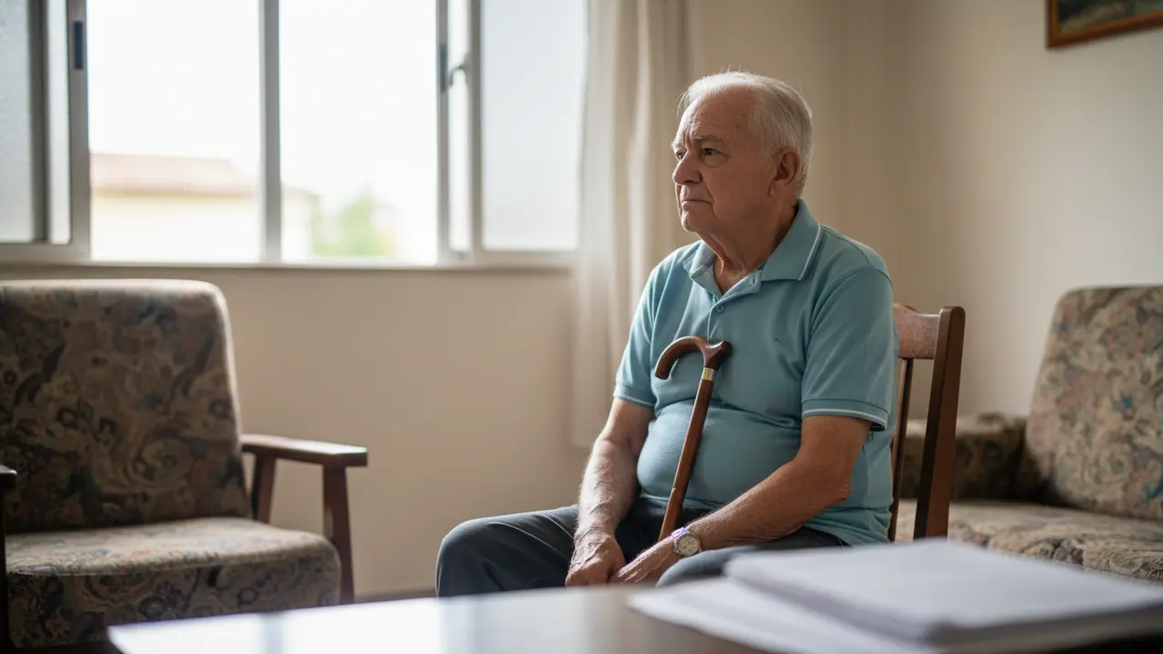 Homem idoso com deficiência em casa simples, ilustrando o BPC/LOAS para quem nunca contribuiu.