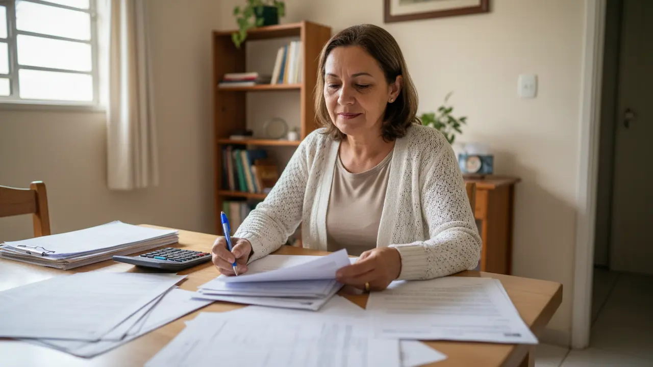Viúva parda revisando documentos e cálculos para despensão, buscando revisão de benefício.