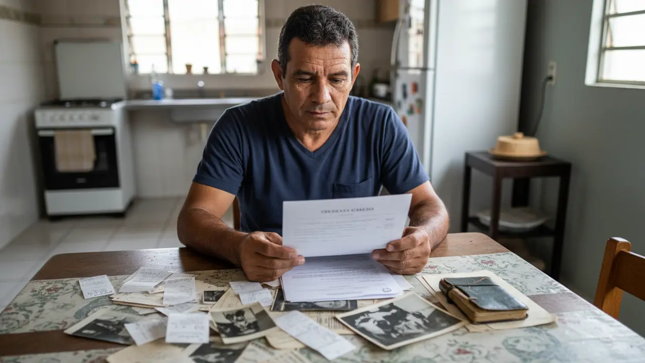 Homem pardo em casa com sentença trabalhista e documentos para comprovar tempo no INSS.