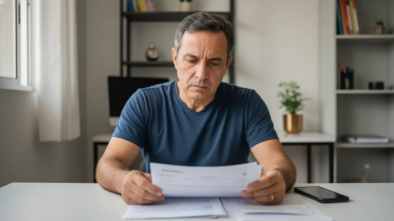 Homem revisa documentos para aposentadoria após perder carteira de trabalho.