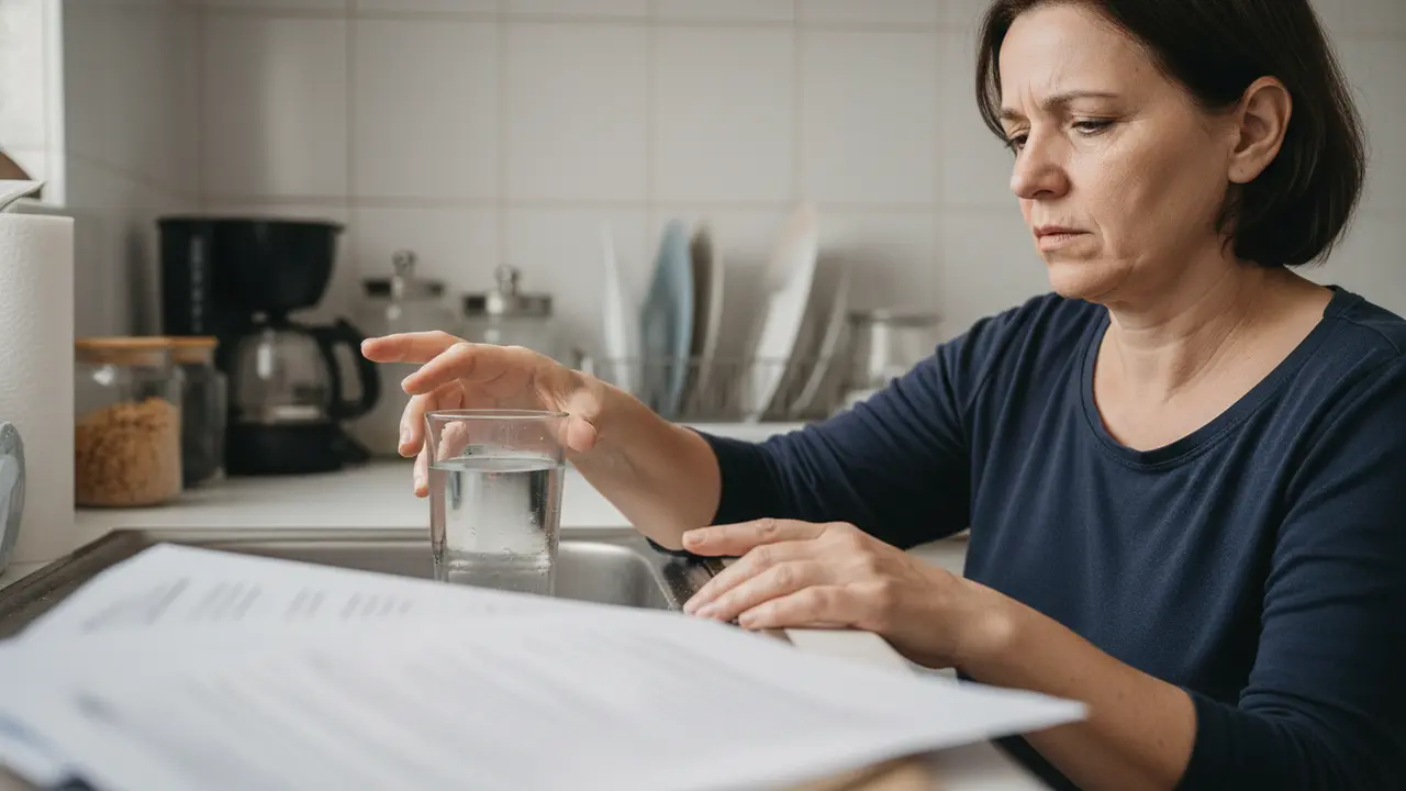 Mulher com sequelas de COVID-19, com fadiga e falta de ar, tentando pegar um copo d'água na cozinha, ilustrando incapacidade.
