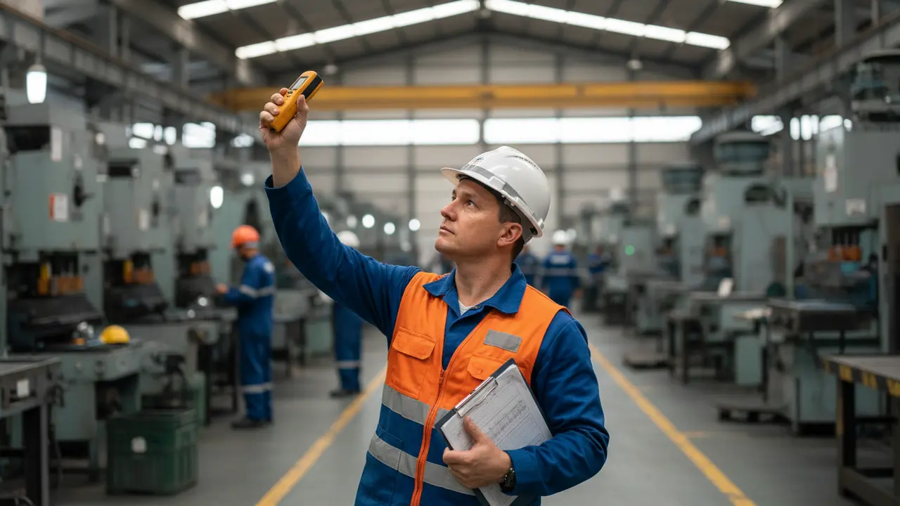 Engenheiro de segurança do trabalho medindo ruído em fábrica para o LTCAT.