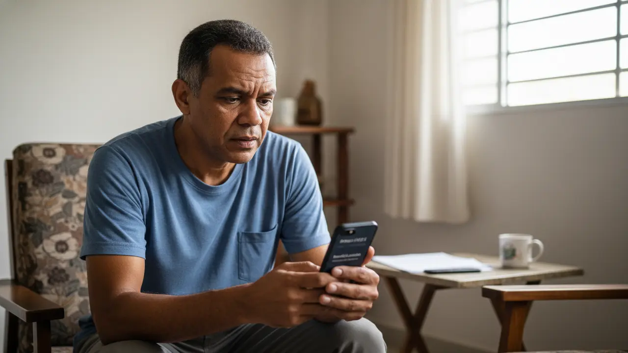 Homem idoso pardo preocupado, olhando notificação de benefício do INSS suspenso no celular.