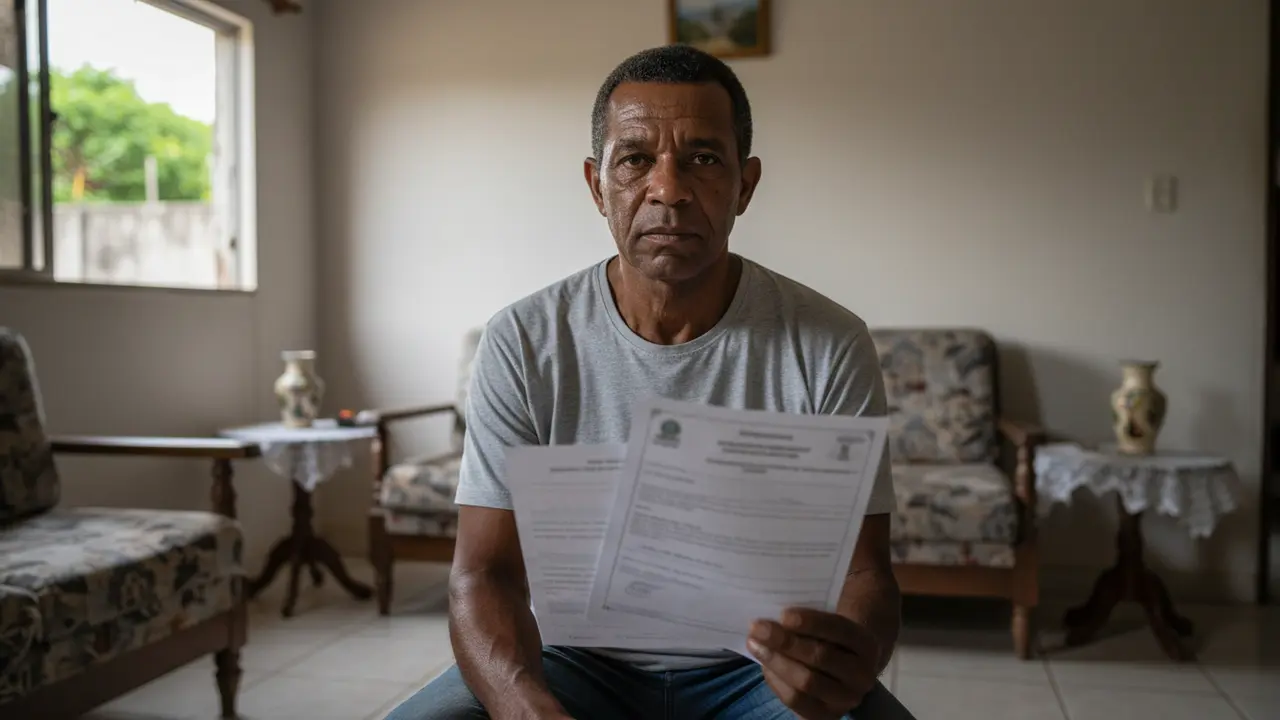 Homem pardo de meia-idade em casa, pensativo com documentos sobre pensão por morte negada.