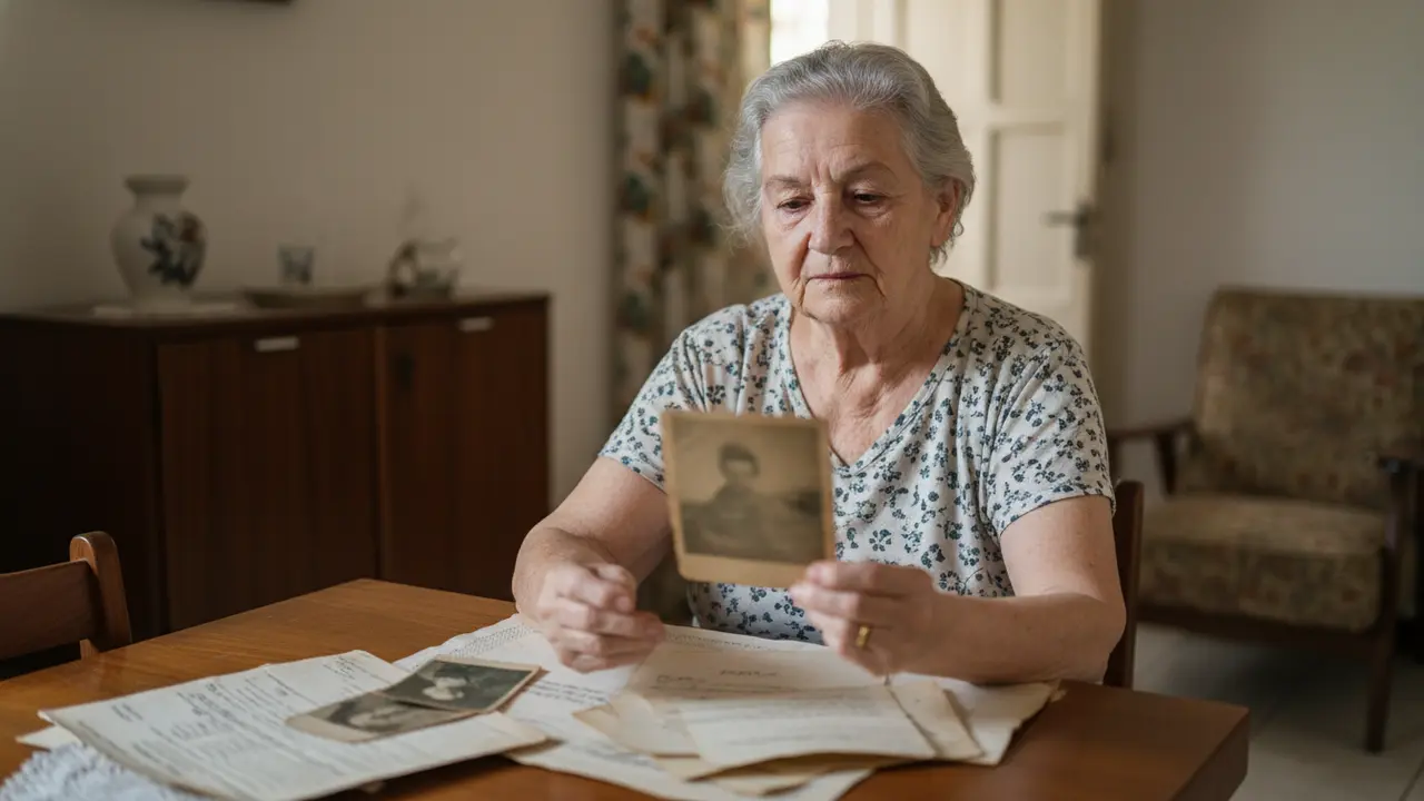 Mulher idosa branca olhando foto antiga e documentos, ilustrando pensão por morte de pessoa designada.