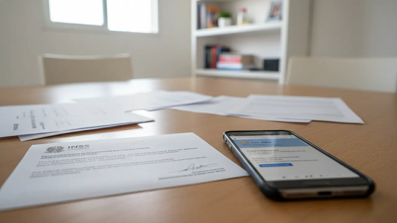 Mesa com carta do INSS negando benefício, smartphone e documentos, ilustrando busca por direitos.