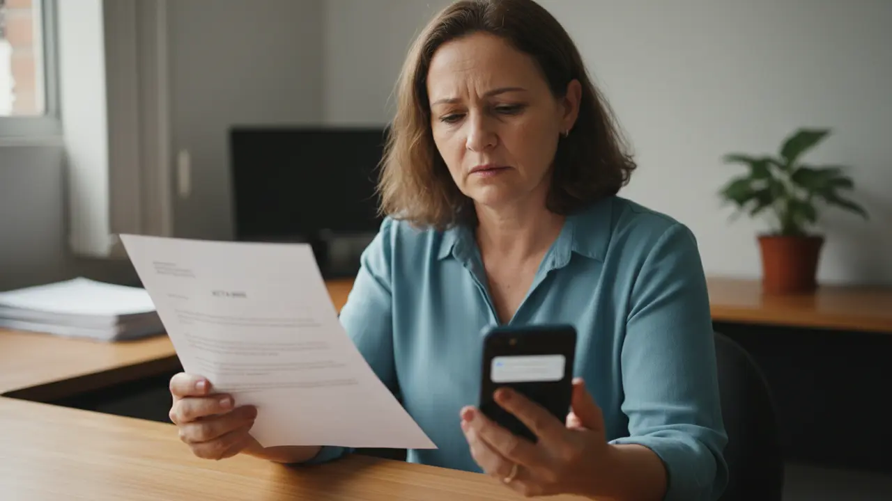 Mulher preocupada com documentos e celular, representando o limbo previdenciário e a divergência médica.