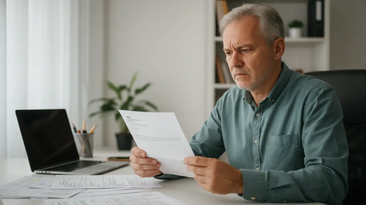 Homem lendo carta do INSS com preocupação, sobre aposentadoria por incapacidade permanente.
