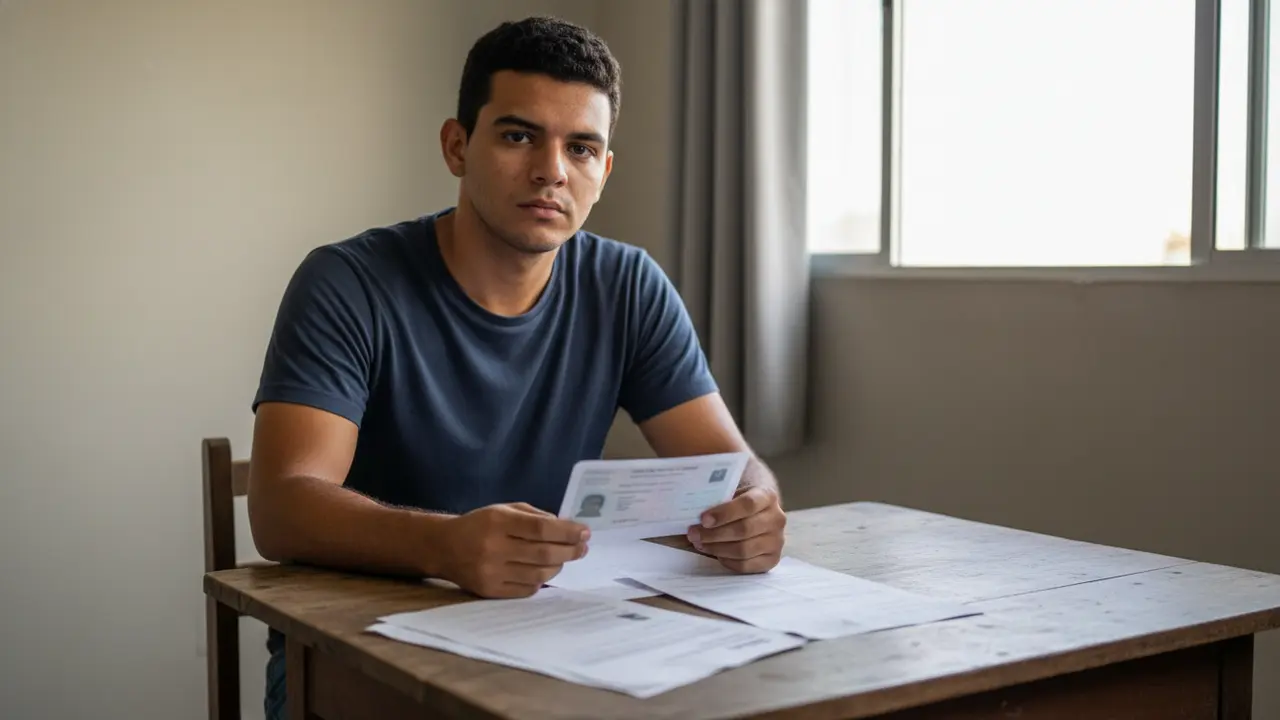 Trabalhador pardo, adulto jovem, com carta de demissão por justa causa, refletindo sobre seus direitos.