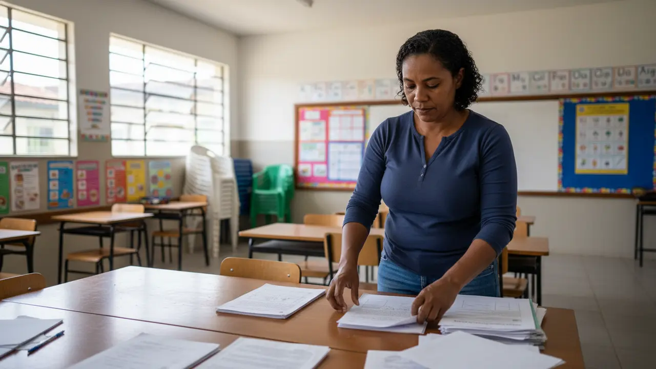 Professora negra em sala de aula organizando documentos para aposentadoria.