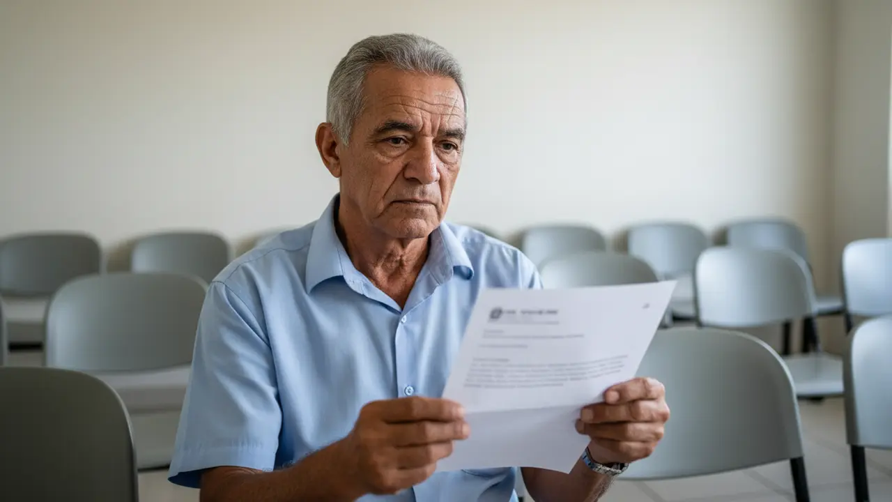 Homem idoso preocupado com carta de convocação do INSS para perícia.