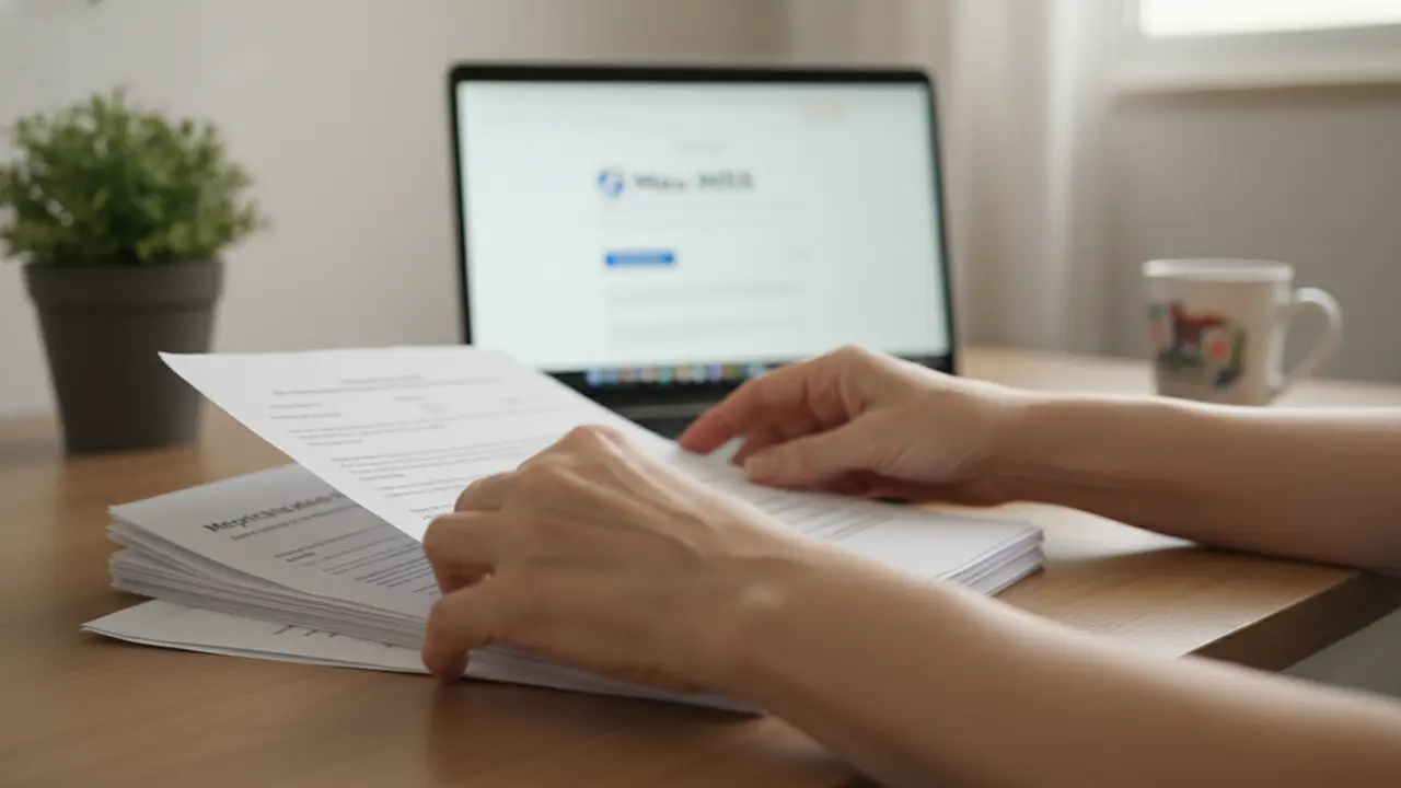 Mãos de mulher revisando documentos médicos e notebook sobre doença pré-existente para aposentadoria.