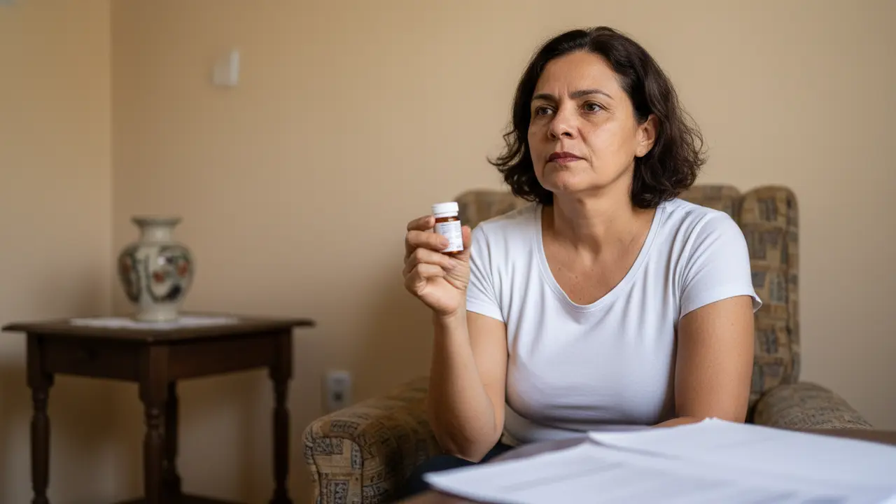 Mulher parda pensativa com medicamento, representando os desafios da Síndrome de Tourette e benefícios.
