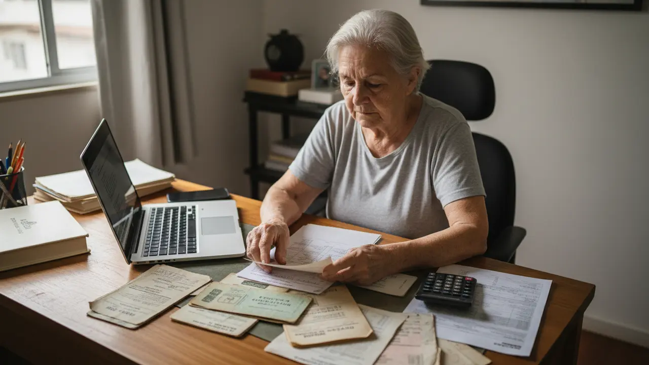Mulher idosa analisando documentos antigos e notebook para a Revisão da Vida Toda.