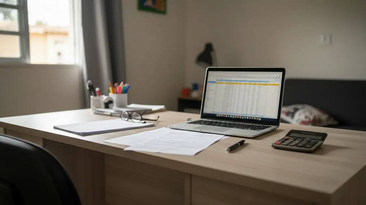 Mesa de home office com documentos e notebook para revisão de aposentadoria.