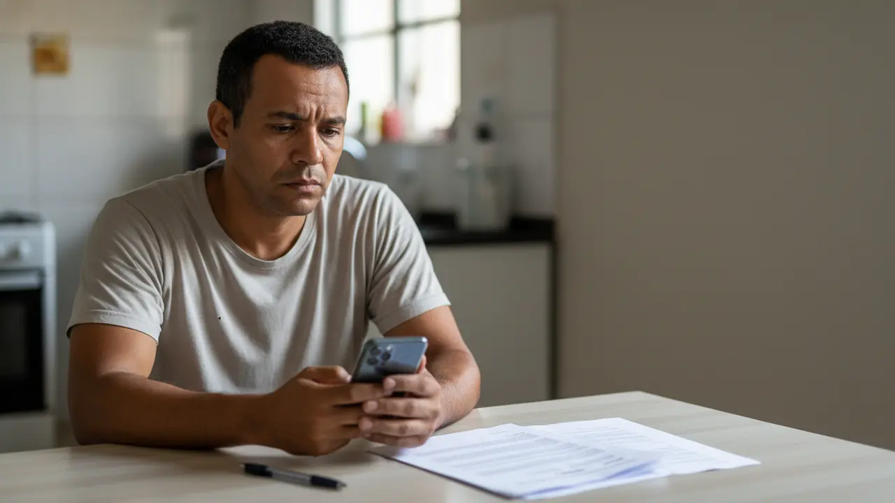 Trabalhador preocupado com abandono de emprego, olhando o celular em casa.