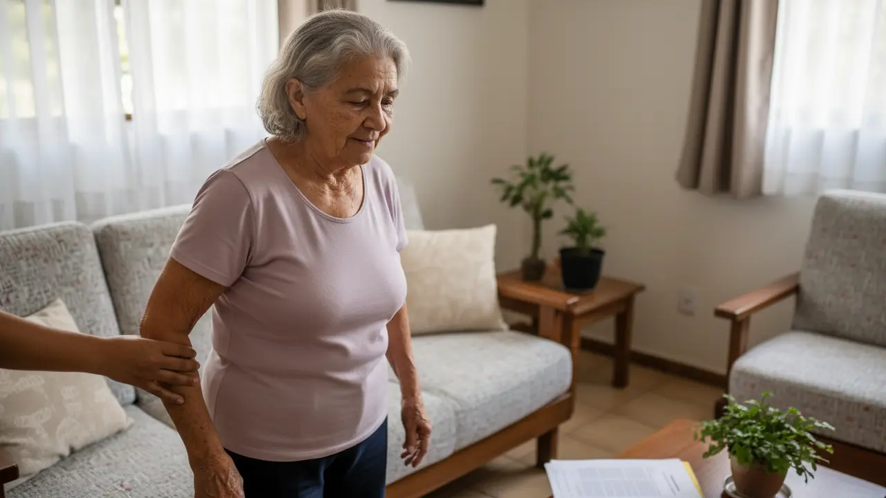 Idosa sendo auxiliada por cuidadora, representando o acréscimo de 25% na aposentadoria por incapacidade.