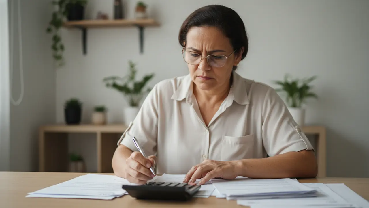 Mulher analisa documentos e calculadora para revisão de benefício previdenciário.