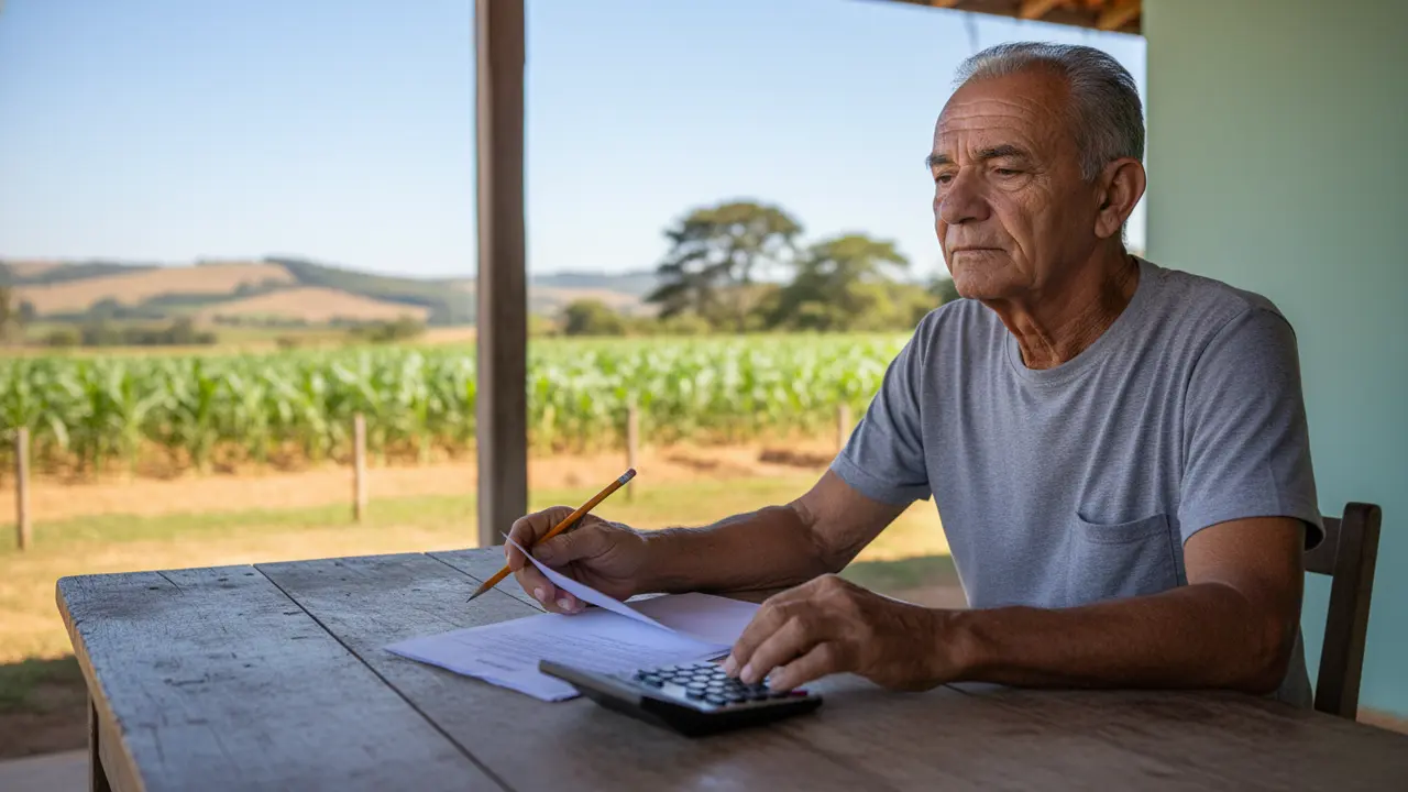 Agricultor idoso pardo com documentos e calculadora, pensando na aposentadoria por idade.