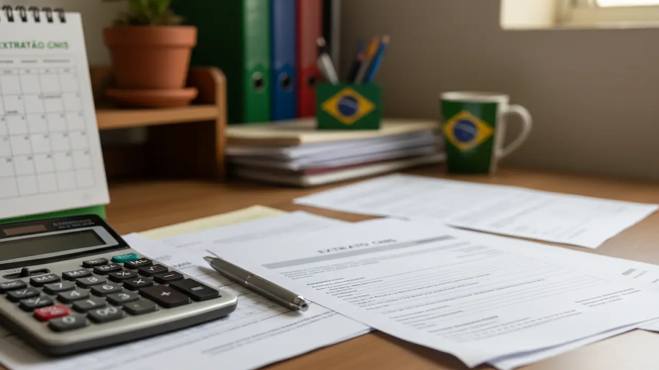 Mesa com calculadora, documentos e calendário para cálculo de aposentadoria por idade.