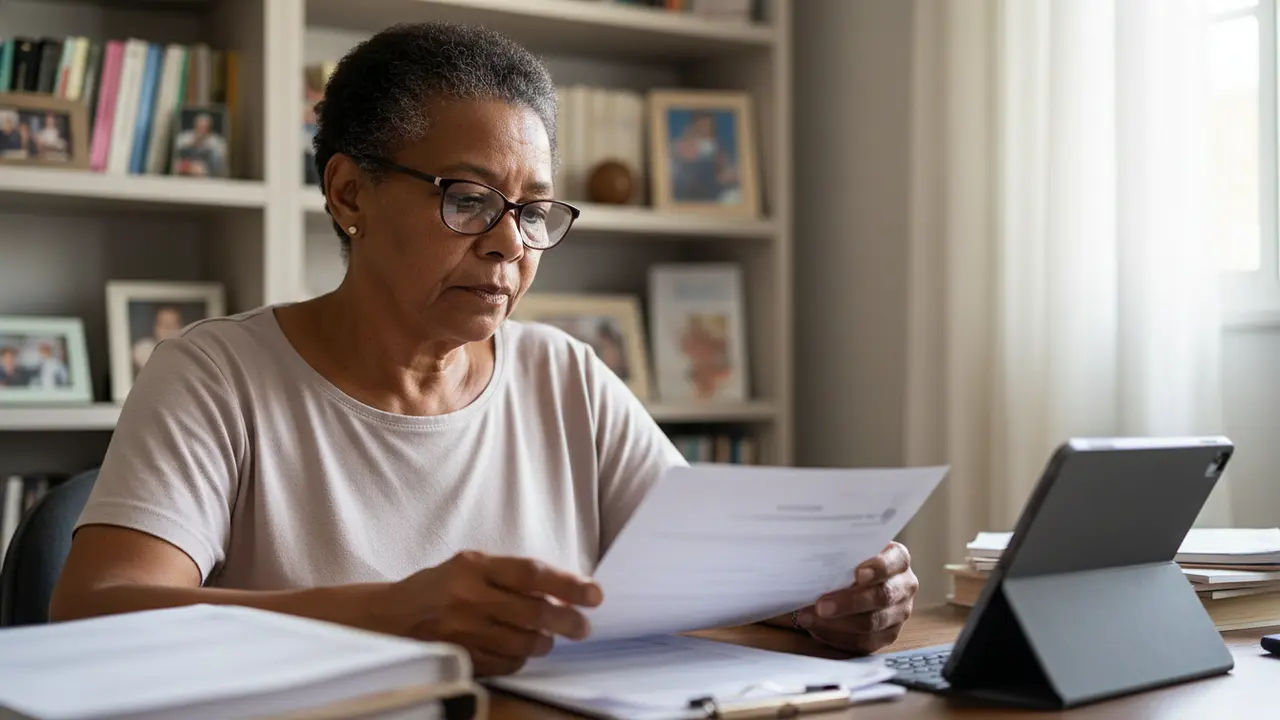 Professora aposentada negra analisando documentos e tablet sobre fator previdenciário.