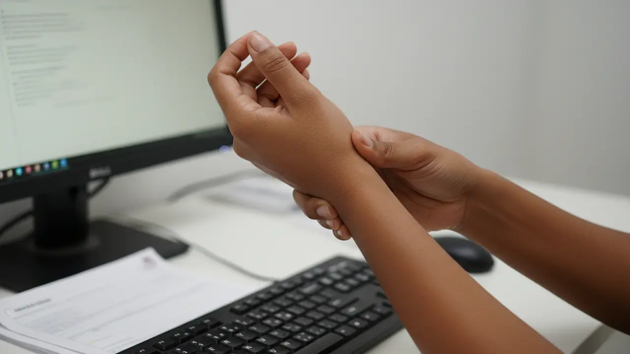 Mãos de digitadora parda com dor no punho sobre teclado, ilustrando doença ocupacional.