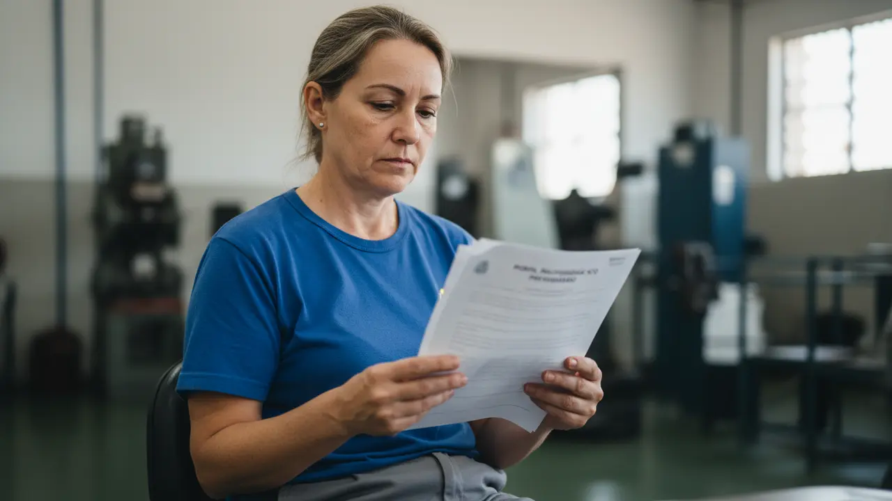 Operária de fábrica examinando documento PPP para comprovar atividade insalubre.