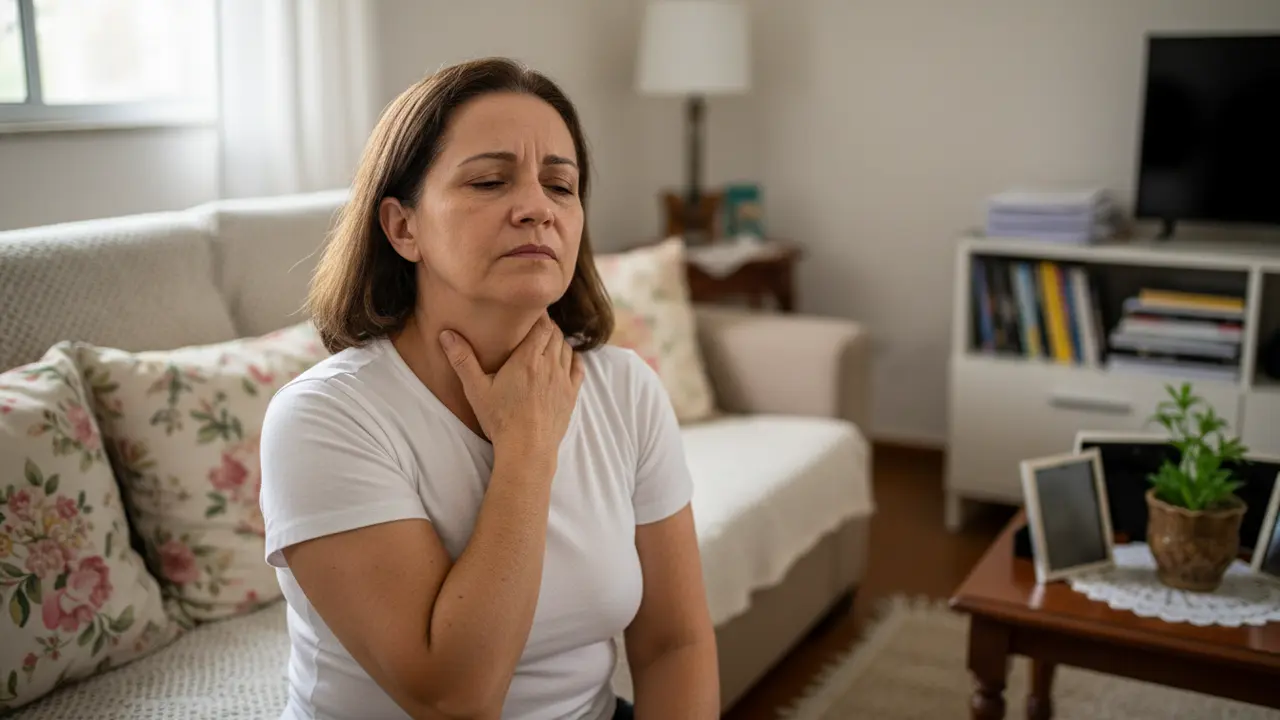 Mulher de meia-idade com fibromialgia, tocando o ombro com dor em casa.