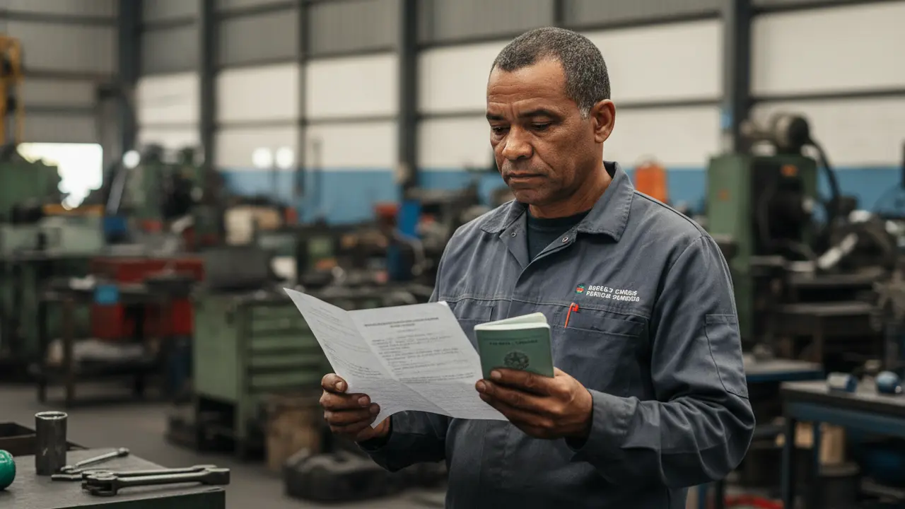 Mecânico industrial negro em oficina, segurando PPP e carteira de trabalho, pensando na aposentadoria especial.