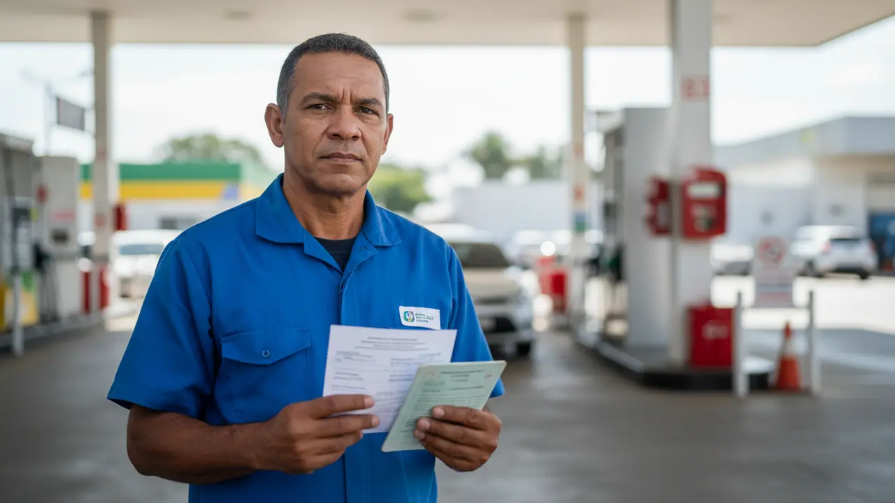 Frentista pardo em posto de gasolina, segurando PPP e carteira de trabalho, ilustrando aposentadoria especial.