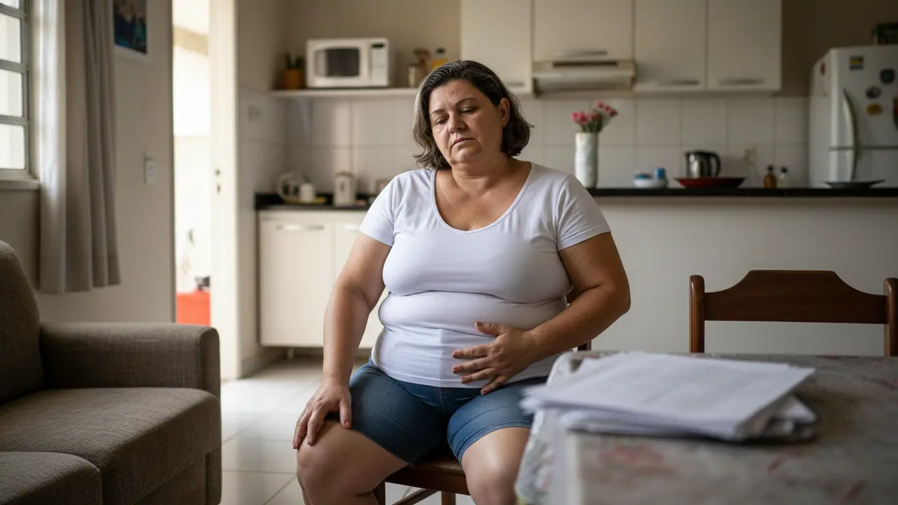 Mulher com obesidade sentada, refletindo a dificuldade para o trabalho e aposentadoria por incapacidade.