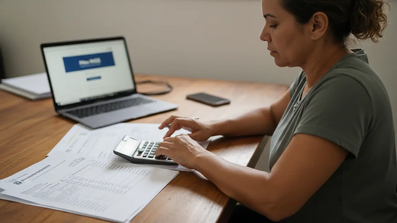 Mulher parda calculando contribuição do INSS em casa, com documentos e tabela de alíquotas.