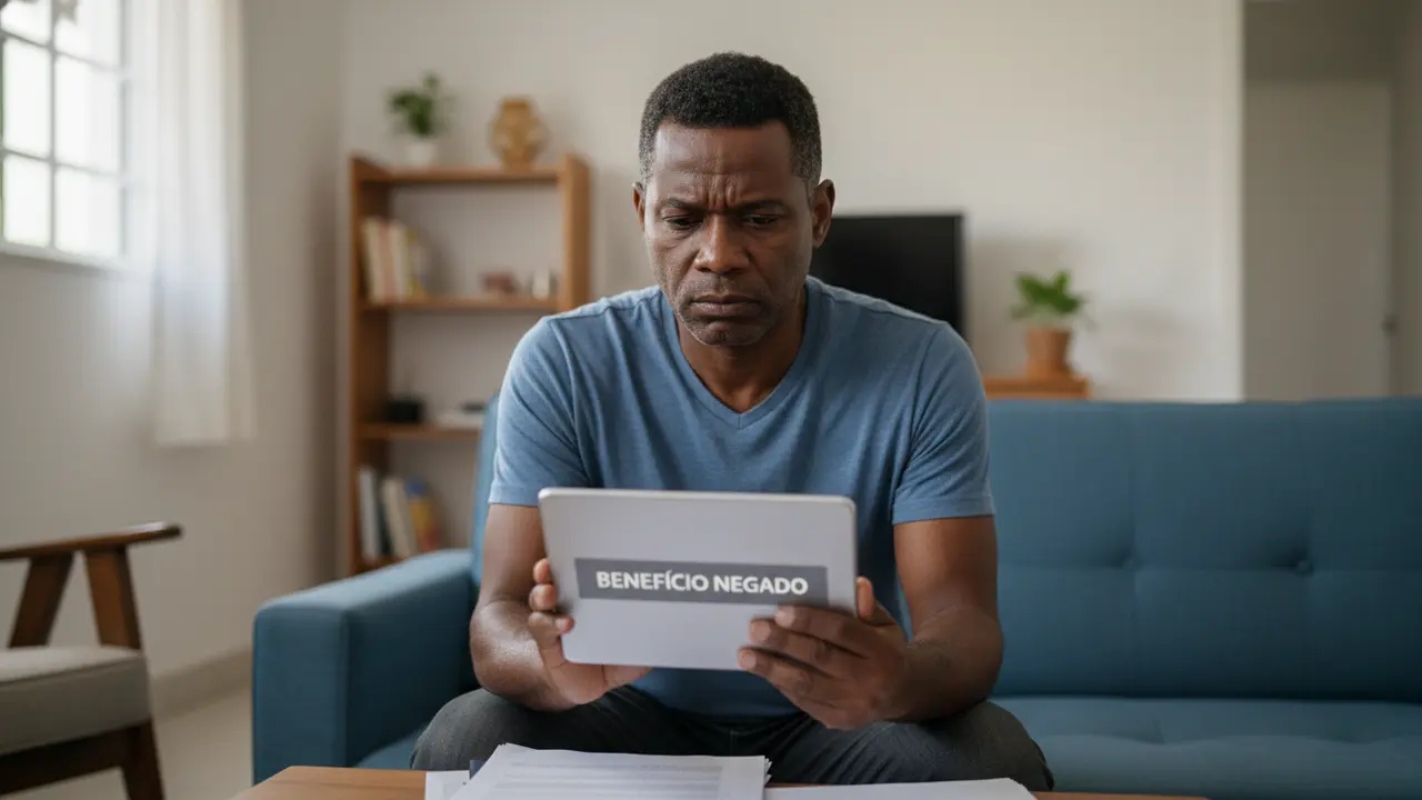 Homem negro olhando tablet com mensagem de benefício negado pelo INSS, ilustrando a negativa de benefícios.