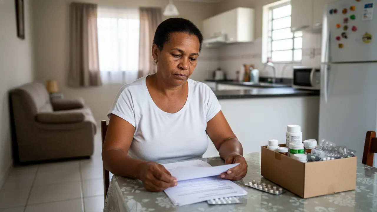 Mulher negra aposentada por incapacidade permanente revisando documentos médicos e medicamentos em casa.