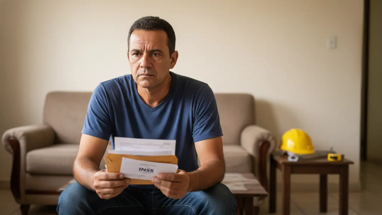 Homem pardo, trabalhador da construção civil, preocupado com documentos do INSS em sua sala de estar, sobre auxílio por in...
