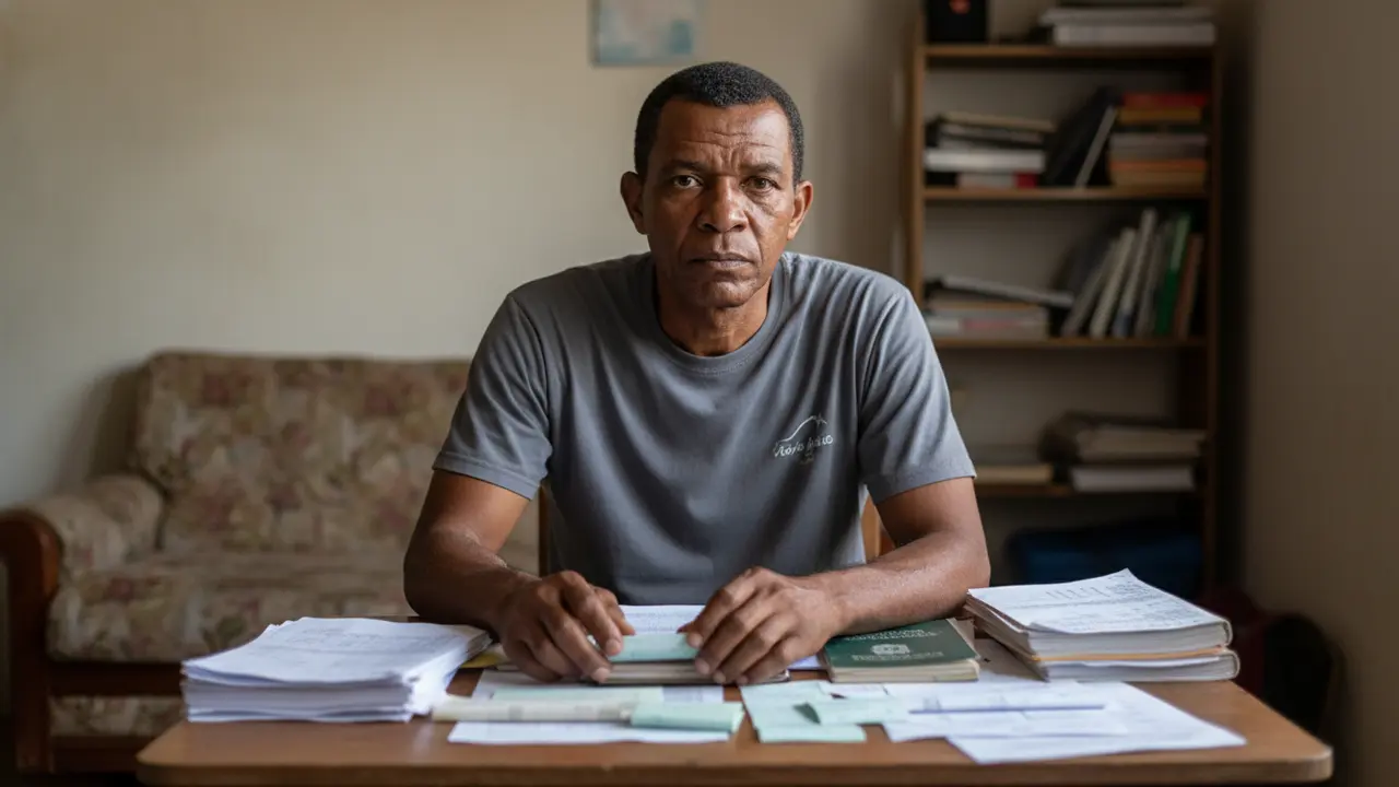 Homem negro organizando documentos de trabalho em casa, sobre processo trabalhista.