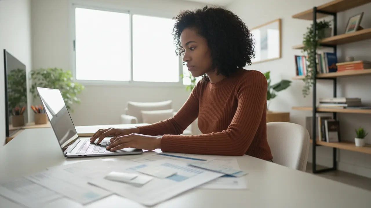 Jovem mulher negra em home office planejando contribuições para o INSS.