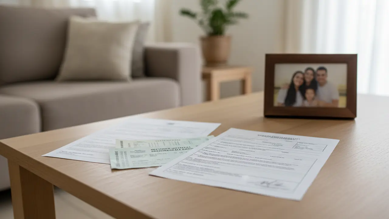 Mesa com documentos de união estável e pensão alimentícia, com porta-retratos, sobre pensão por morte.