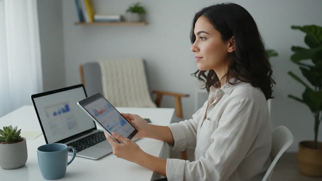 Mulher parda em home office olhando tablet, representando novas modalidades de contrato de trabalho.