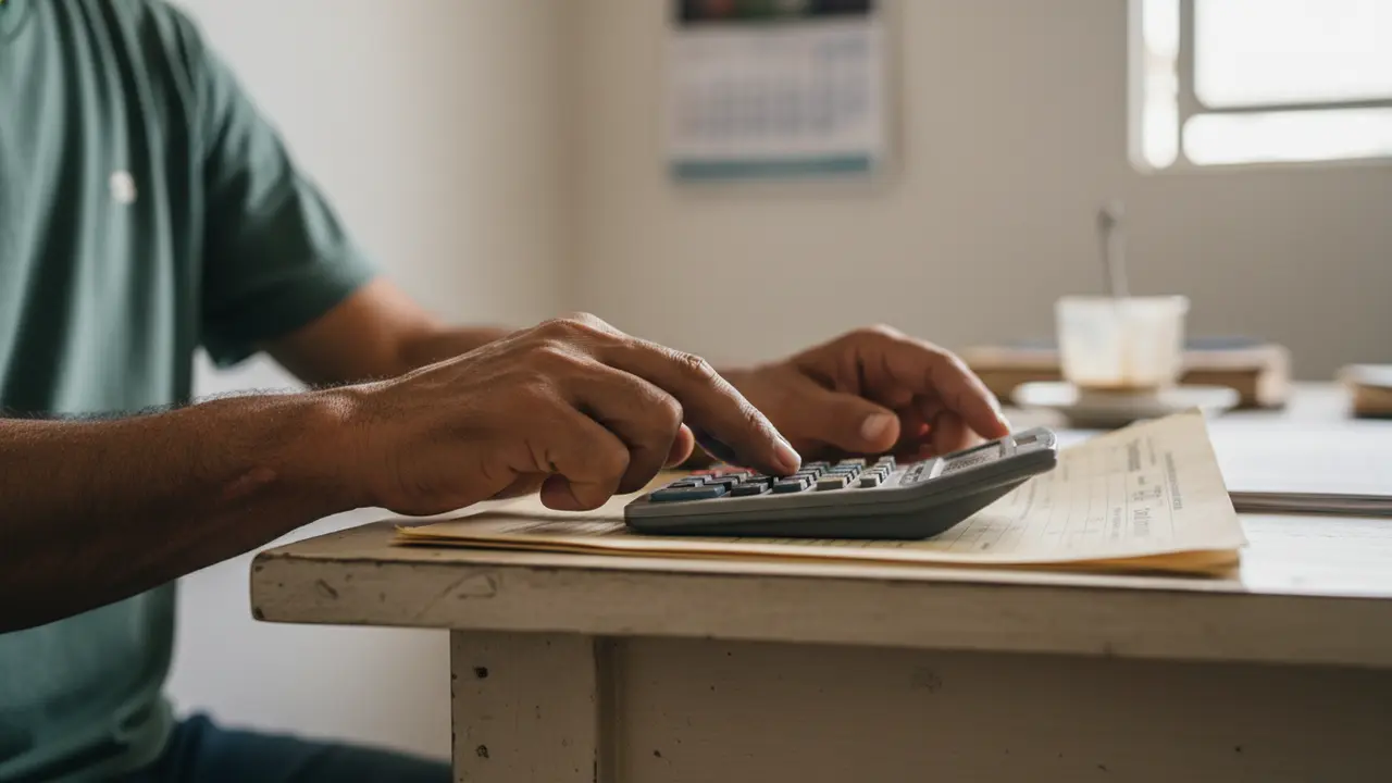 Mãos de pedreiro com sequela no punho usando calculadora e documentos sobre auxílio-acidente.