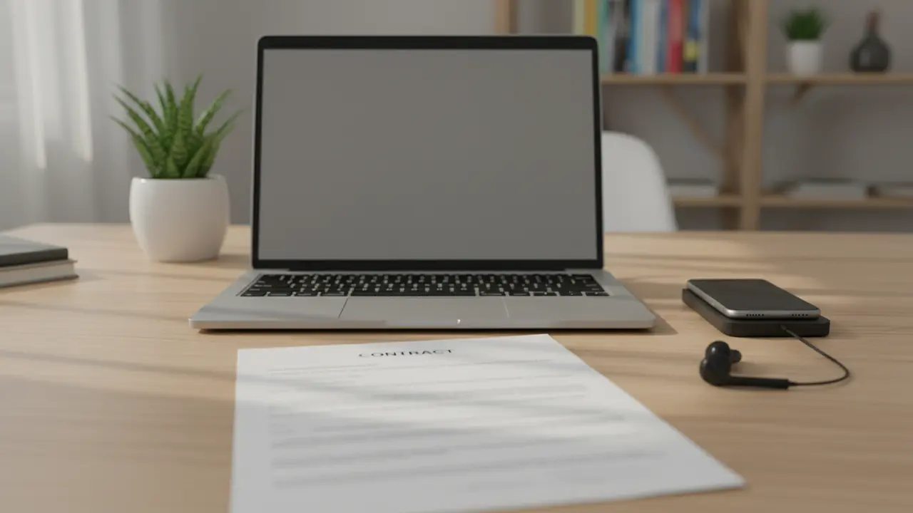 Mesa de home office com notebook e contrato, sobre direitos e regras do teletrabalho.