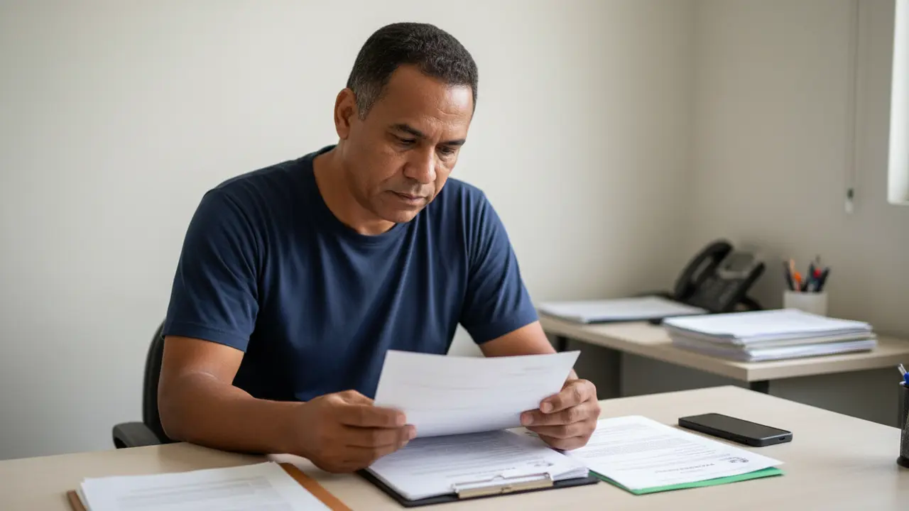 Eletricista pardo com tala no punho analisando documentos sobre auxílio-acidente.